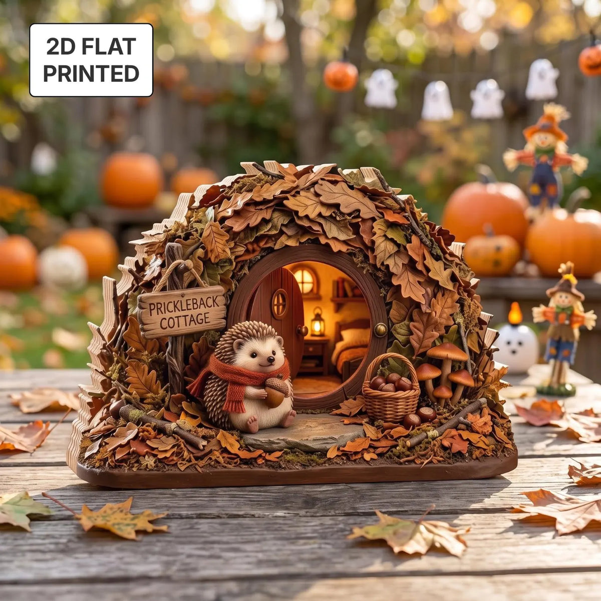 Personalized Hedgehog House 2D FLAT Wooden Block, Autumn Harvest Table Accent, Woodland Fall Shelf Sitter, Housewarming Gifts. WBPETAL2