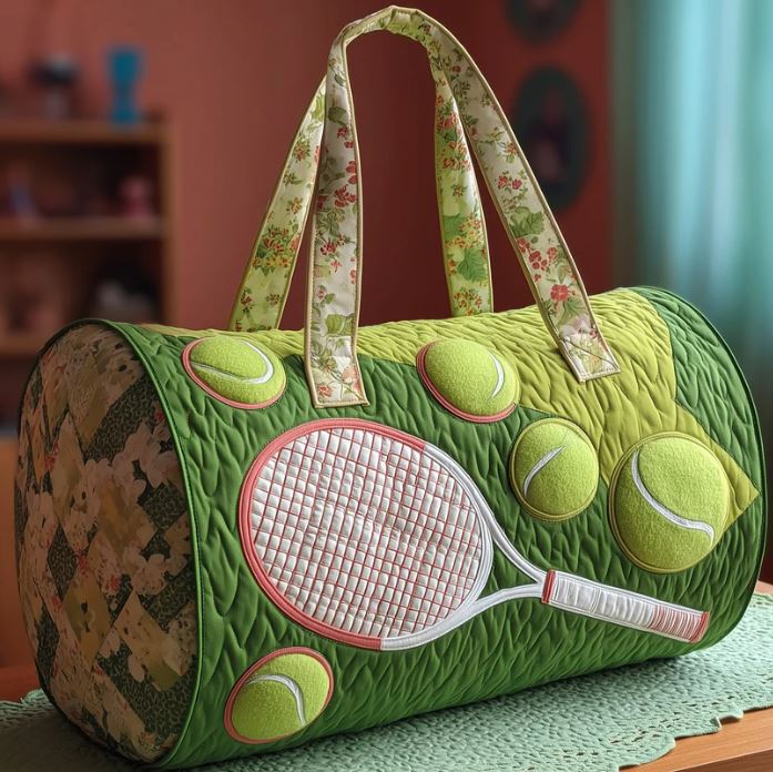Tennis Lover Quilted Duffle Bag – Sport Travel Weekender Tote, Green Aesthetic Gym Overnight Bag, Cute Tennis Gift for Women & Girls