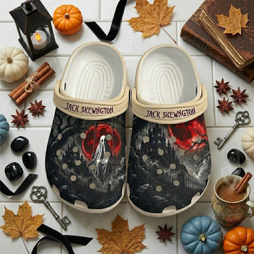 Personalized Dark Ghost Halloween Clogs – Red Moon Haunted Castle Shoes. Happy Halloween Ghost Pumpkin. CLPETAL10