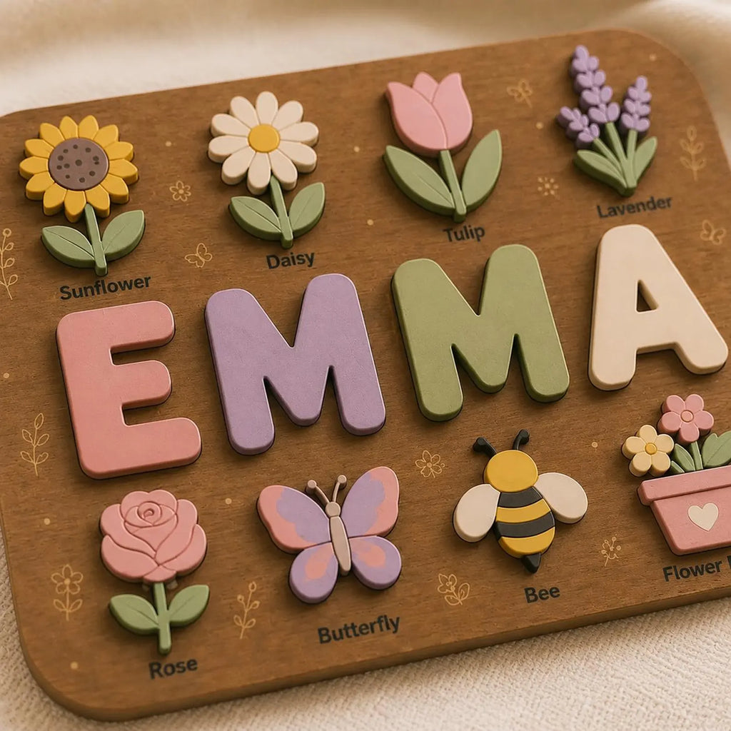 Personalized Flower Name Puzzle | Floral Wooden Name Puzzle | Custom Girl Name Puzzle | Montessori Toddler Gift. NPPETAL22