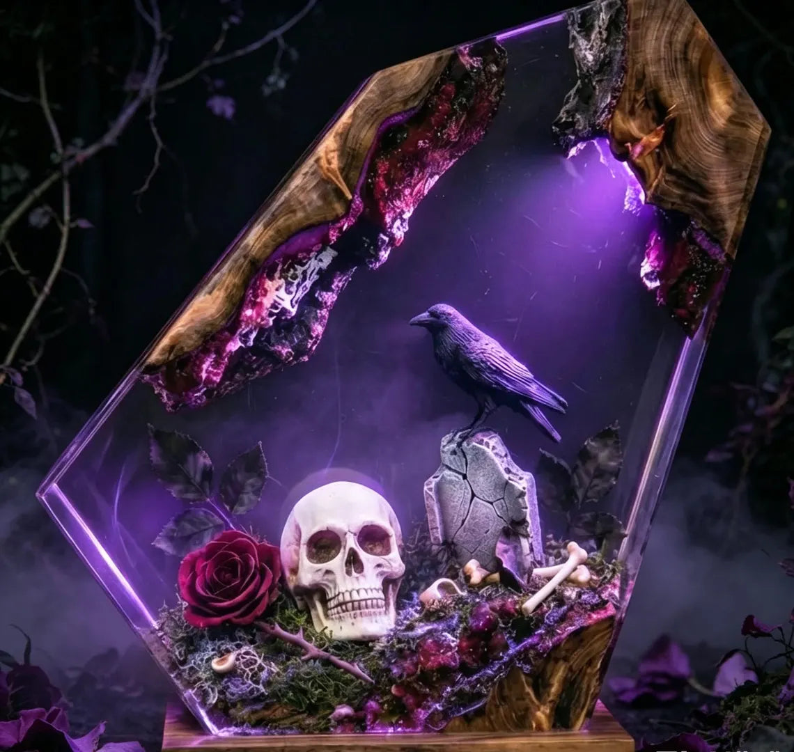 Handmade Skull Raven Rose Epoxy Resin Lamp, Gothic Diorama Night Light, Dark Fantasy Resin Decor, Halloween Spooky Desk Ornament, Goth Gift. RLPETAL08