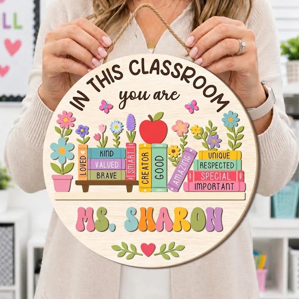 Custom Teacher Name Floral Door Sign, Personalized Classroom Door Hanger, 3D Wooden Decoration, Back to School Gift, Teacher Gifts. DHPETAL03