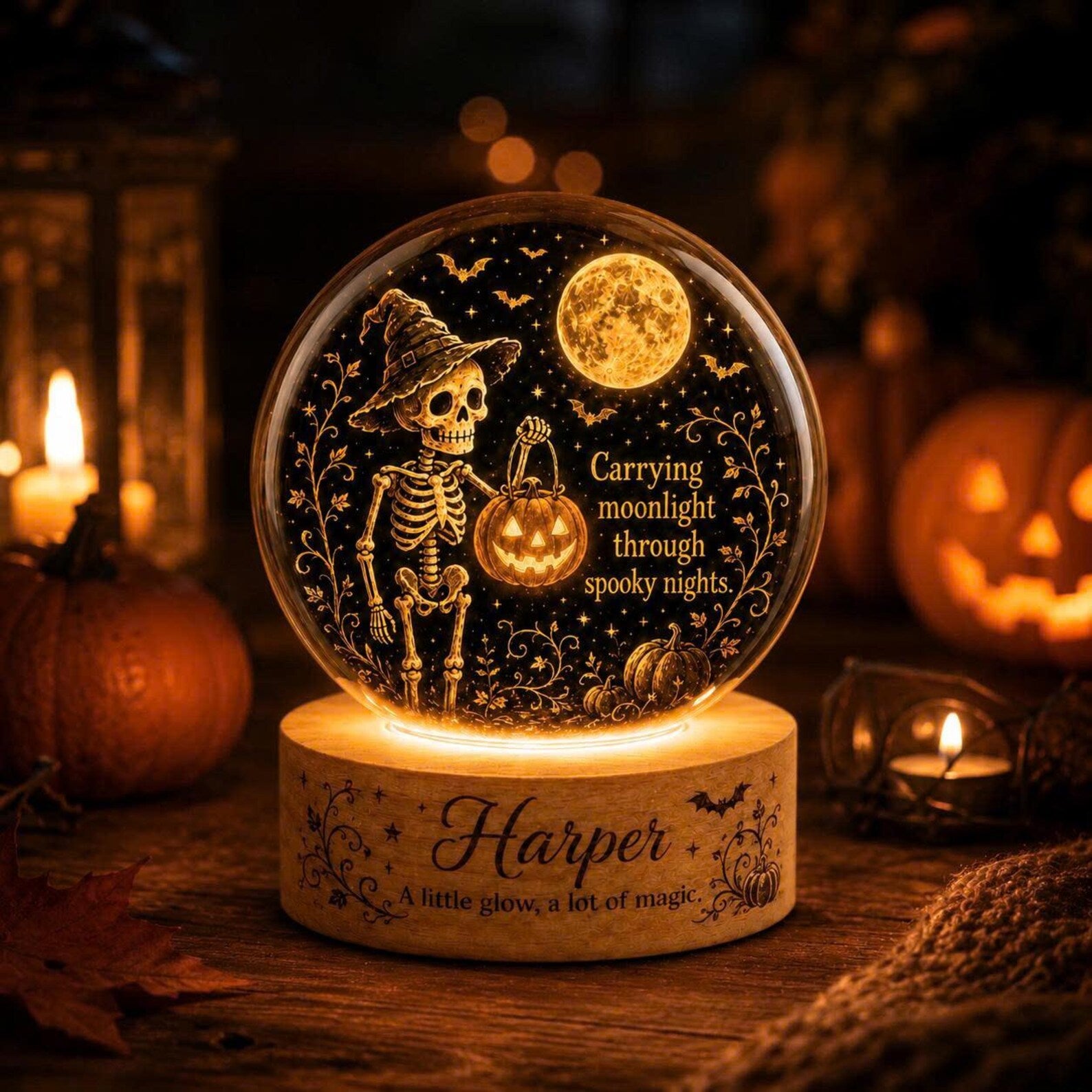 Personalized Skeleton Moon Night Light, Custom Name Acrylic Lamp. LEDPETAL23