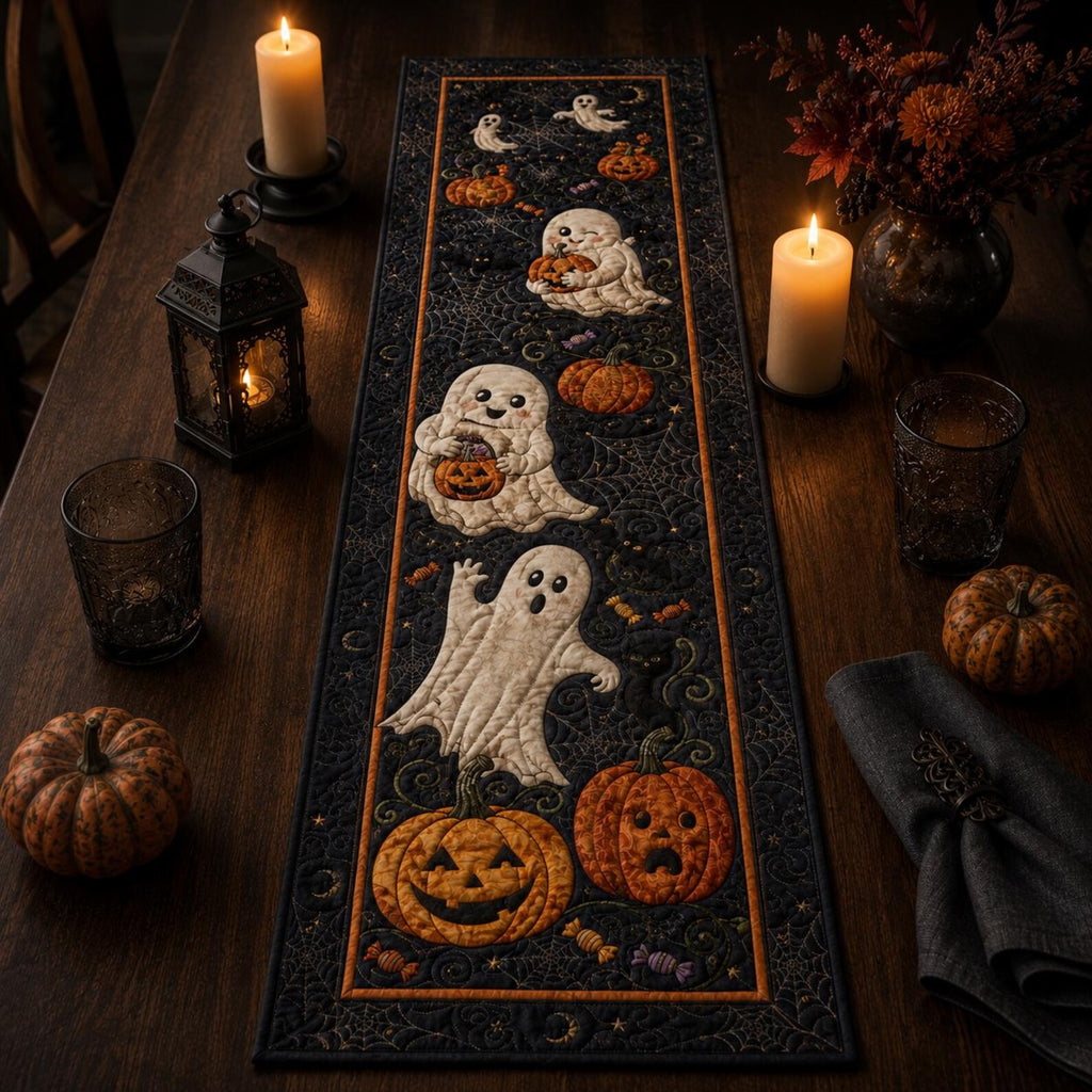 Quilted Ghost Halloween Table Runner, Spooky Pumpkin Decor.QTRPETAL16