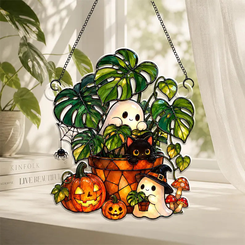 Cute Ghost Plant And Black Cat Acrylic Suncatcher, Pumpkin Window Hanging, Hangings Plant Lover Gift, Black Cat Lover Gift, Halloween Decor. HSPETAL2
