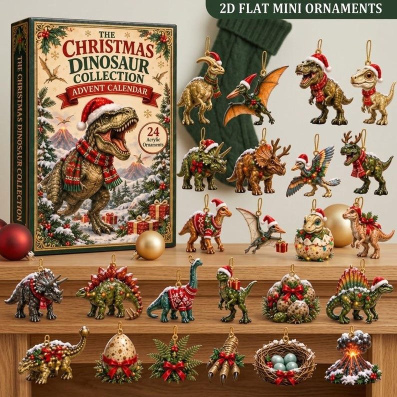 Dinosaur Advent Calendar 2026, 24 Acrylic Dinosaur Christmas Ornaments, Prehistoric Animal Countdown Calendar, Fun Holiday Gift for Kids AXMAS03
