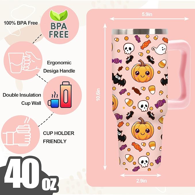 Whaline Halloween Tumbler 40oz Cute Pumpkin Skull Candy Corn Bat Tumbler with Lid Straw Pink Cartoon Stainless Steel Cup with Handle for Home Office Travel. TBLPETAL12