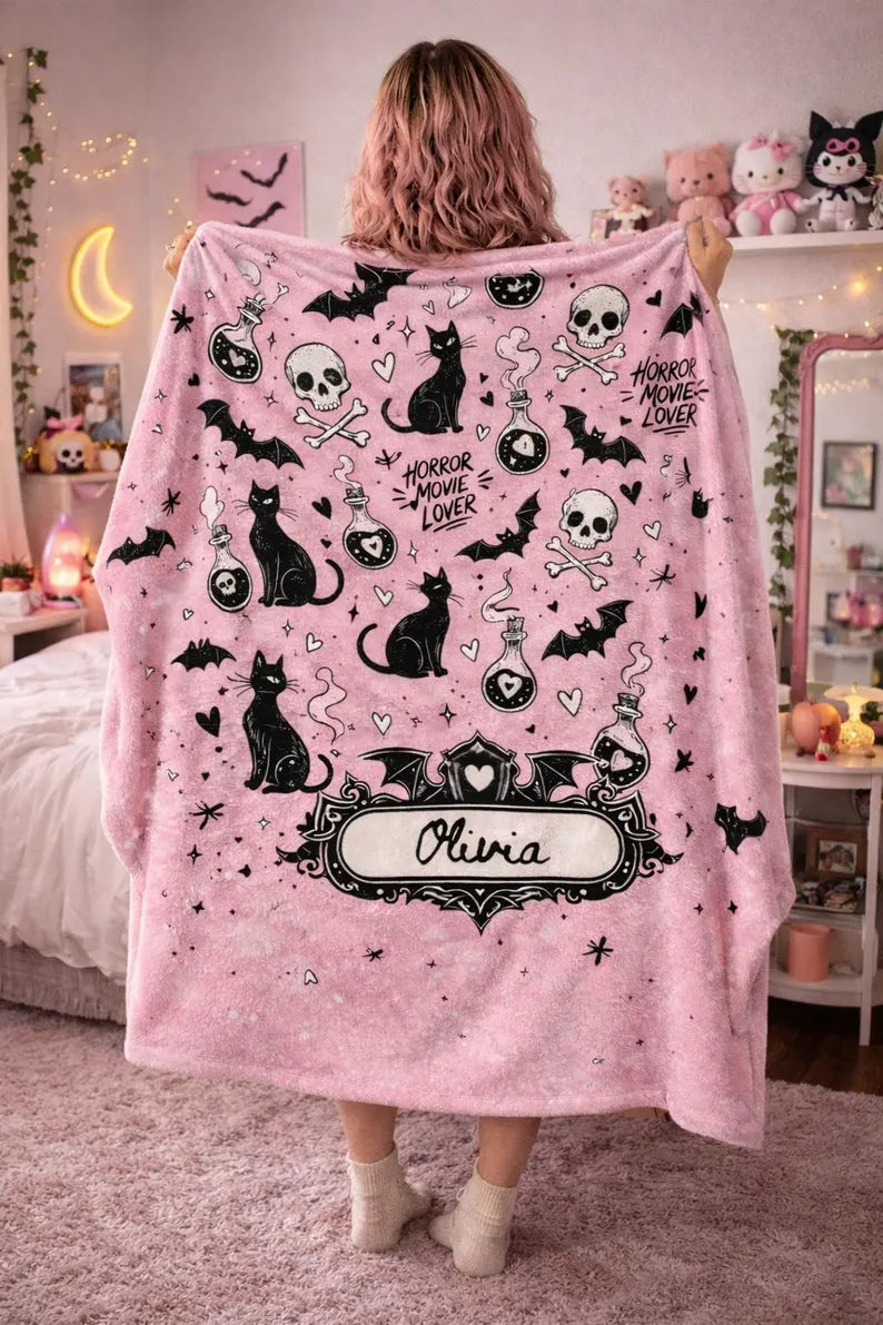 Personalized Spooky Blanket, Horror Lover Gift, Custom Name Goth Throw, Pink Horror Decor Halloween Blanket. BLKPETAL10