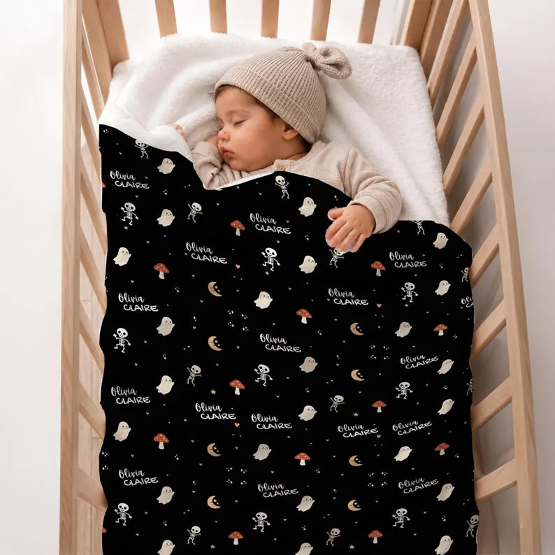 Personalized Halloween Baby Blanket | Custom Baby Name Blanket | Cute Ghost & Skeleton Baby Blanket Baby's First Halloween Gift for Newborn Baby Halloween. BLKPETAL7