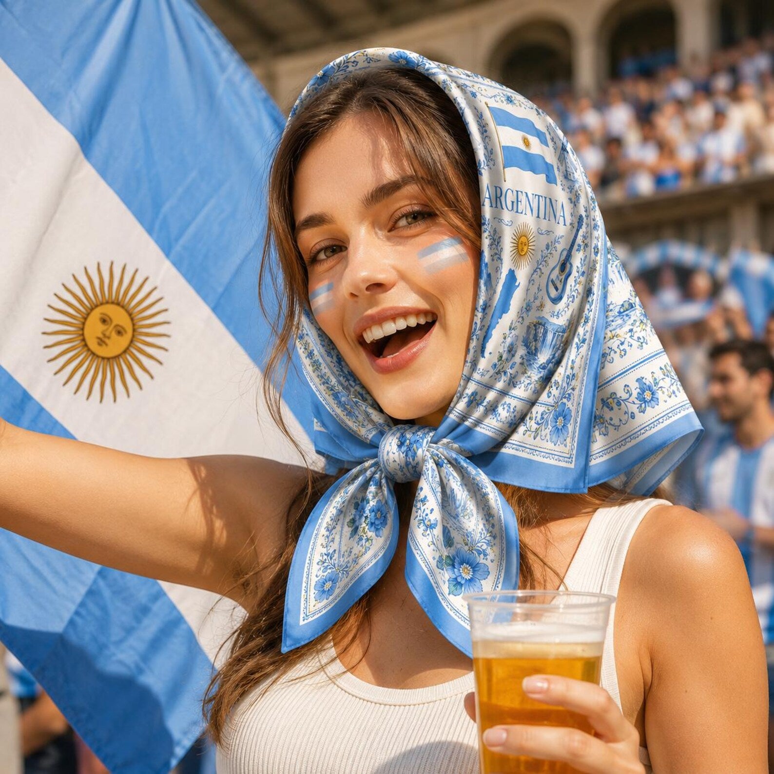 Argentina Satin Head Scarf, Football Fan Scarf for Match Day, Silk Bandana, Argentina Flag Hair Scarf, Gift for Fans. SSPETAL13