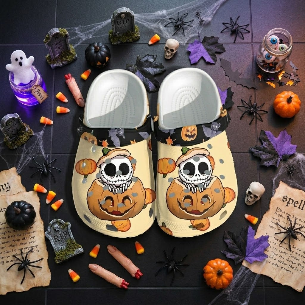 Halloween Pumpkin Skull Clogs – Spooky Cute Fall Slip-On Shoes. Happy Halloween Pumpkin Clogs For Men Women Kids Boys Girls.  CLPETAL01