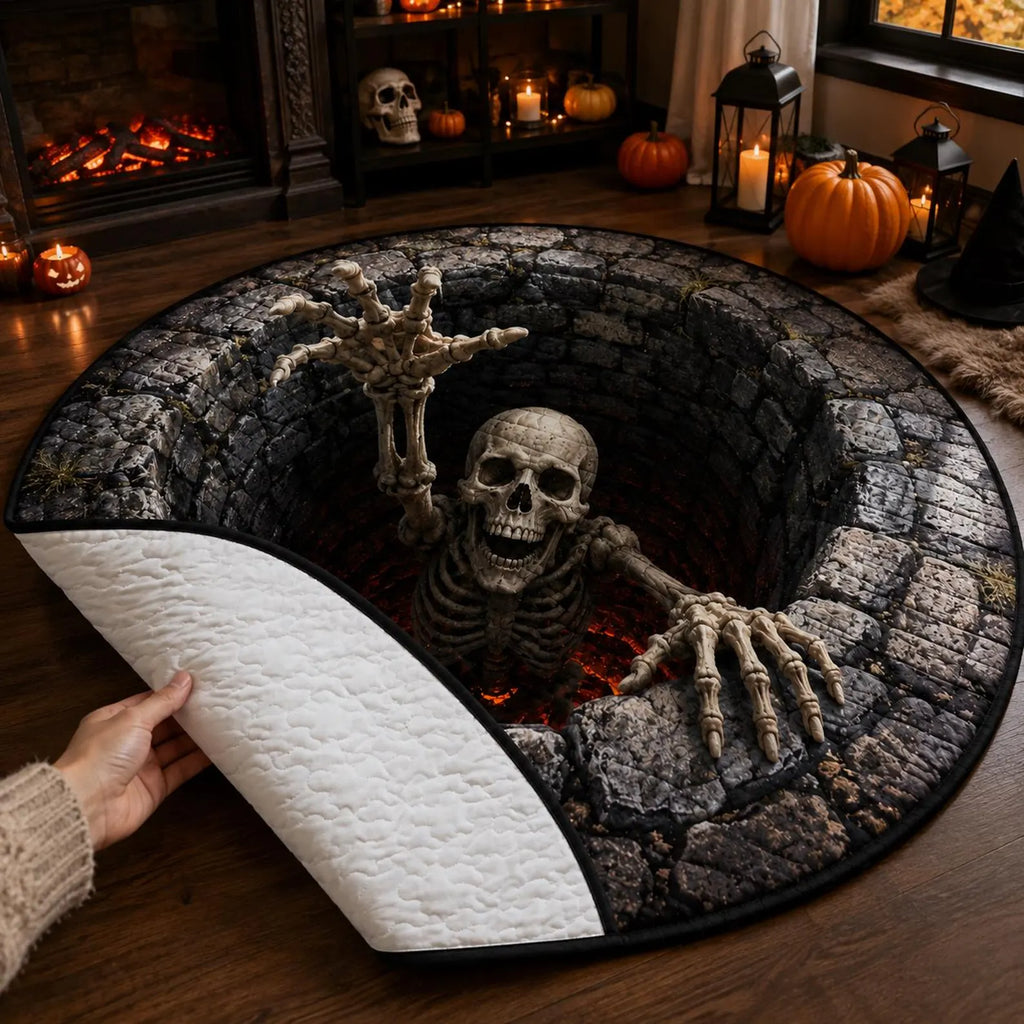 Halloween Quilted Rug, Skeleton Pit Round Rug, Spooky Floor Decor, Haunted House Rug, Halloween Home Decor, Horror Gift. QRPETAL18