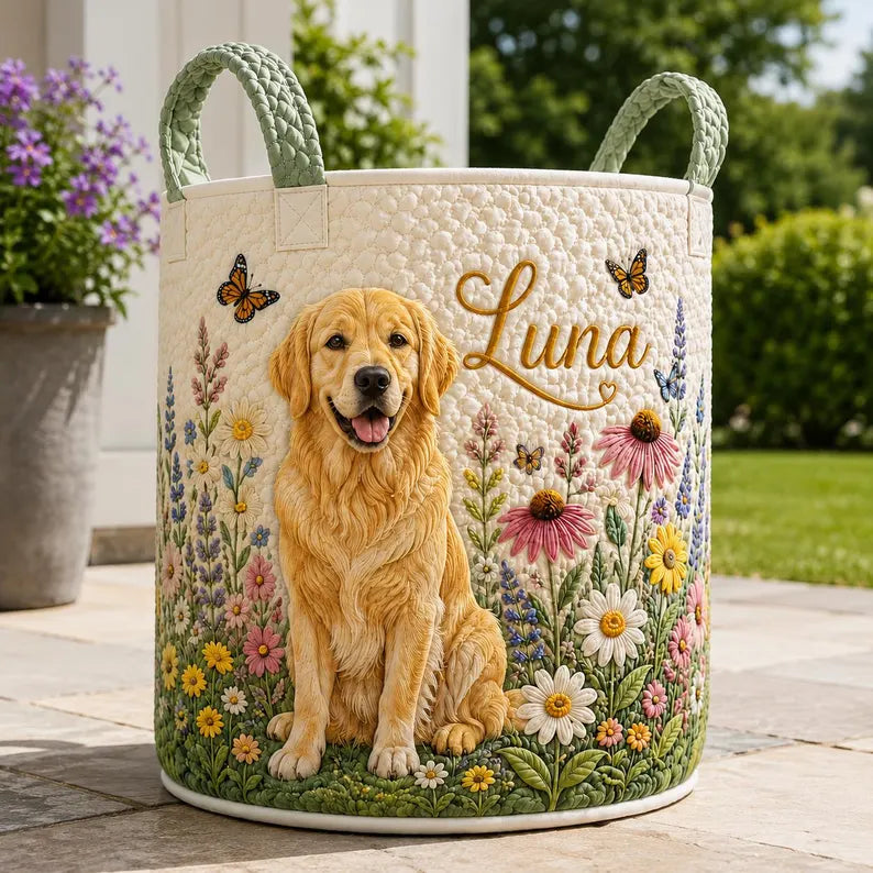 Custom Face Quilted Laundry Basket, Personalized Pet Storage Bin, Dog Photo Basket, Floral Nursery Hamper, Gift For Pet Lover. LBPETAL141