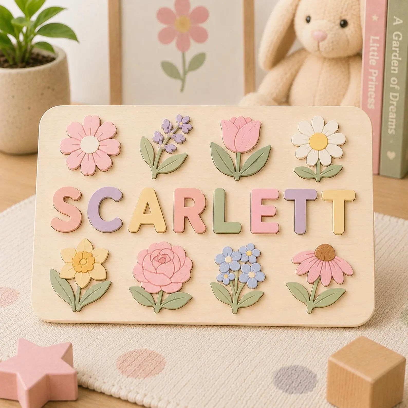 Personalized Flower Name Puzzle, Floral Wooden Name Puzzle for Girls, Custom Montessori Name Board, Botanical Toddler Puzzle. NPPETAL25
