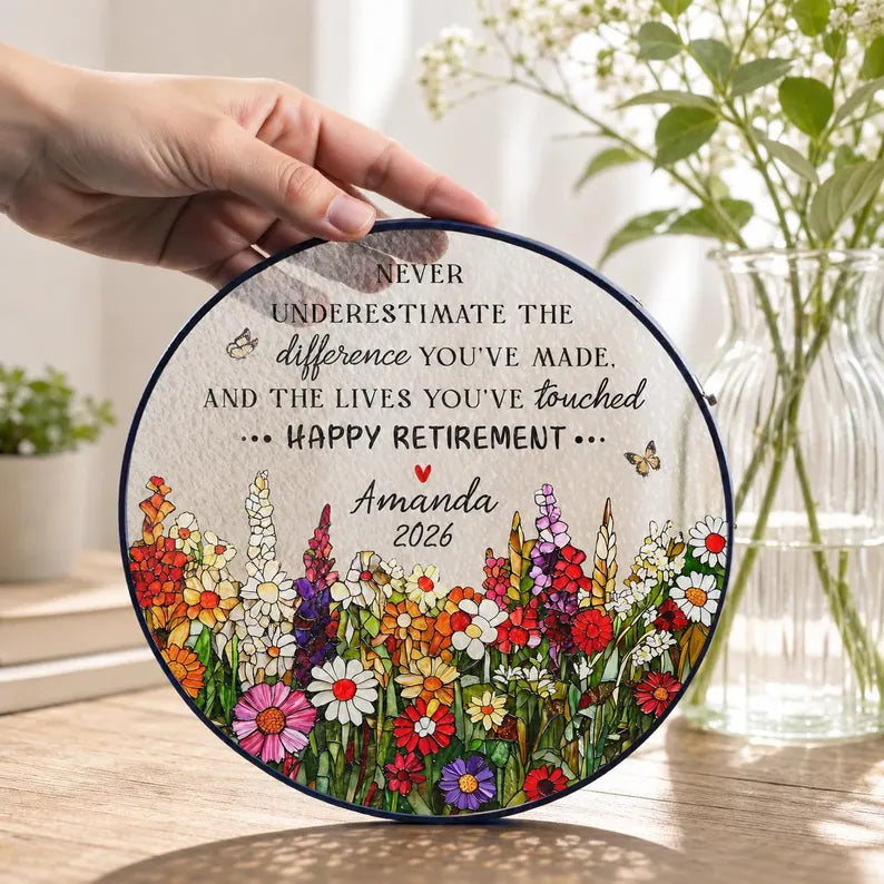 Retirement Stained Glass Suncatcher, Personalized Floral Retirement Window Decor, Colleague Retirement Keepsake, Coworker Gift, Grandma Gift. SUNPETAL18