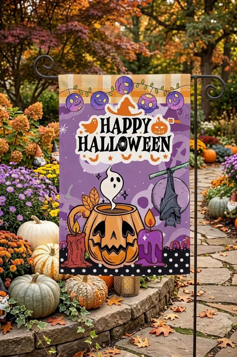 Happy Halloween Garden Flag, Spooky Ghost Pumpkin Yard Flag, Double Sided Outdoor Fall Decor, Halloween Porch Decor. HLWGFPETAL11