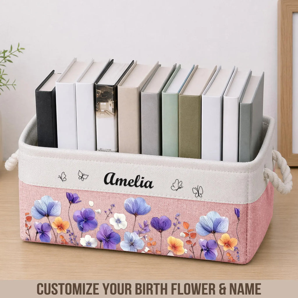 Personalized Birth Month Flower & Name Storage Book Basket, Custom Birth Flower Gift for Her, Wife, Daughter, Sister, Coworker, Reading Gift. BBPETAL6