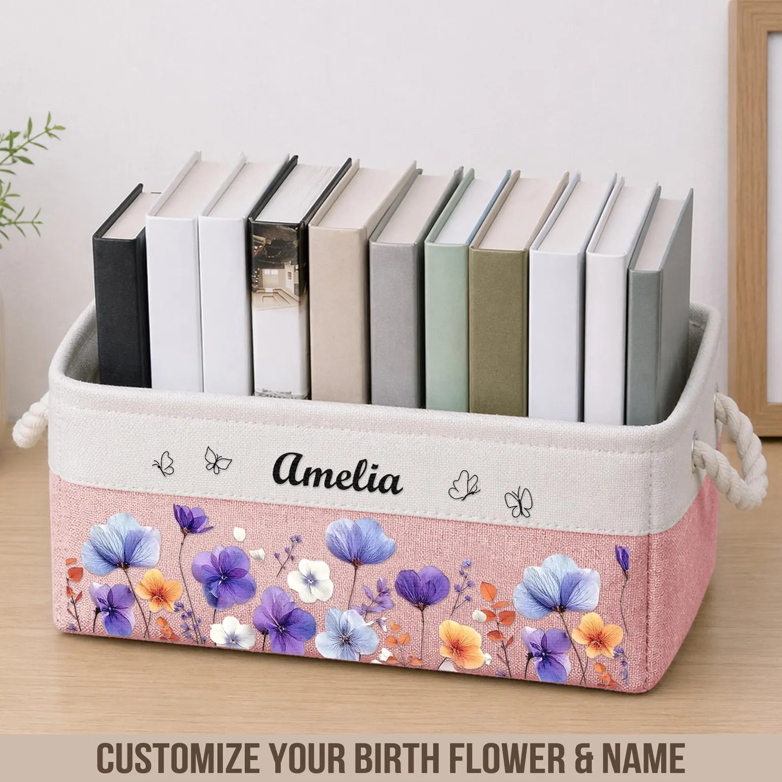 Personalized Birth Month Flower & Name Storage Book Basket, Custom Birth Flower Gift for Her, Wife, Daughter, Sister, Coworker, Reading Gift. BBPETAL6