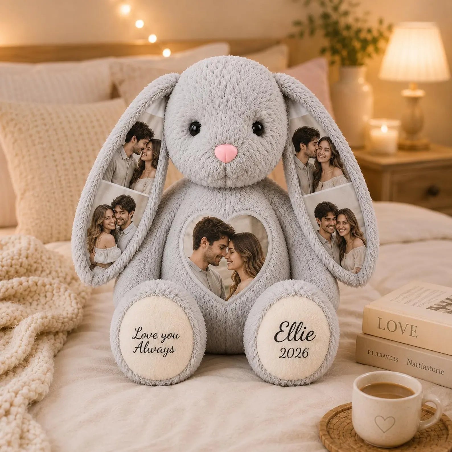 Custom Photo Bunny Plush, Personalized Hidden Ear Picture Stuffed Rabbit, Custom Bunny Gift for Couple, Baby, Mom & Pet Lover. BPPETAL3