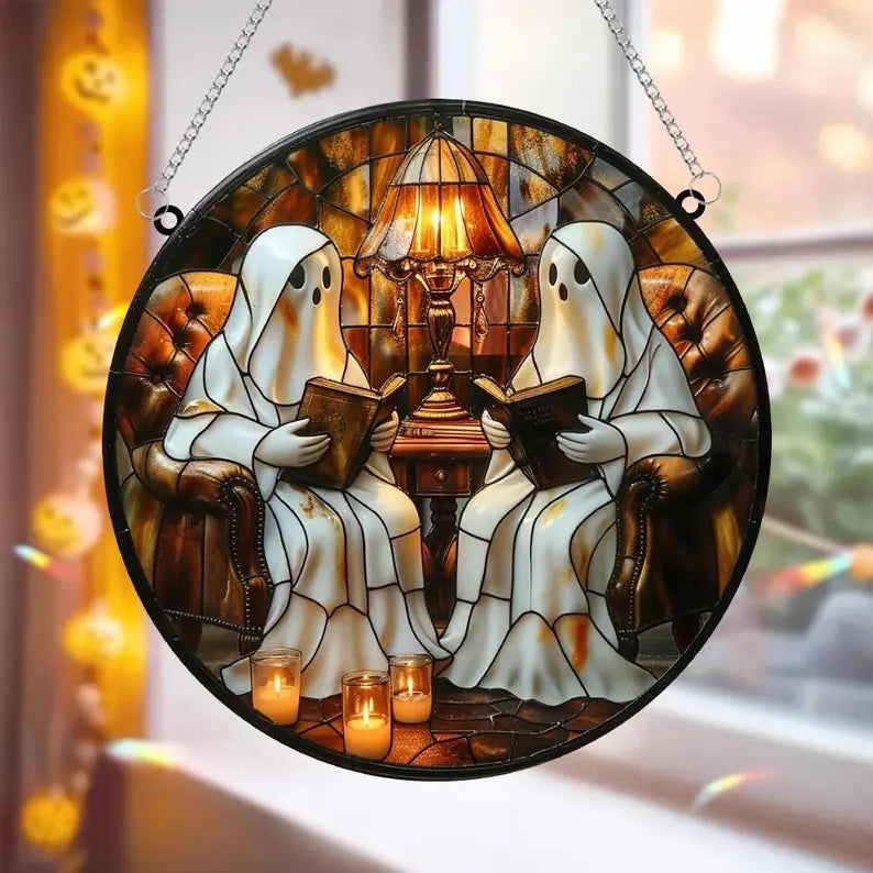 Reading Ghost Couple Acrylic Suncatcher, Cozy Library Faux Stained Glass Halloween Window Decor, Bookish Ghost Gift for Readers. HSPETAL11