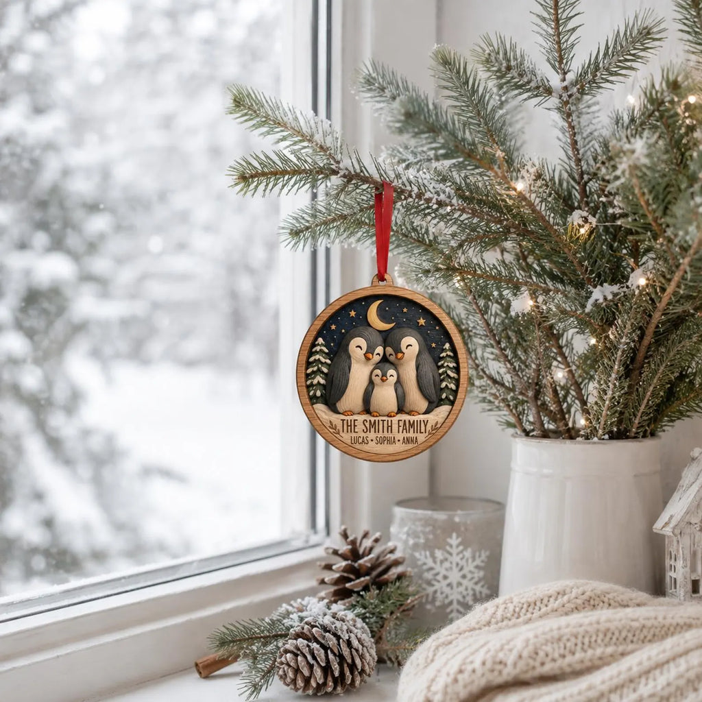 Personalized Penguin Family Wooden Ornament, Custom Family Christmas Ornament, Penguin Christmas Gift, Family Name Keepsake	COPETAL13