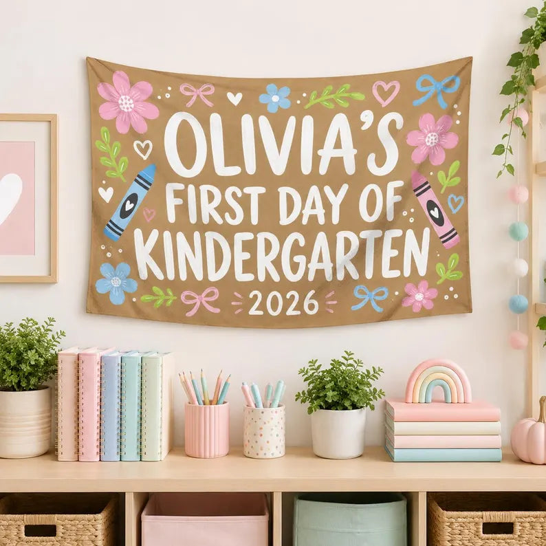 Custom First Day of Kindergarten Banner, Personalized Kid Name School Backdrop, Coquette Floral Back to School Photo Sign, 2026 Gift. CBPETAL10