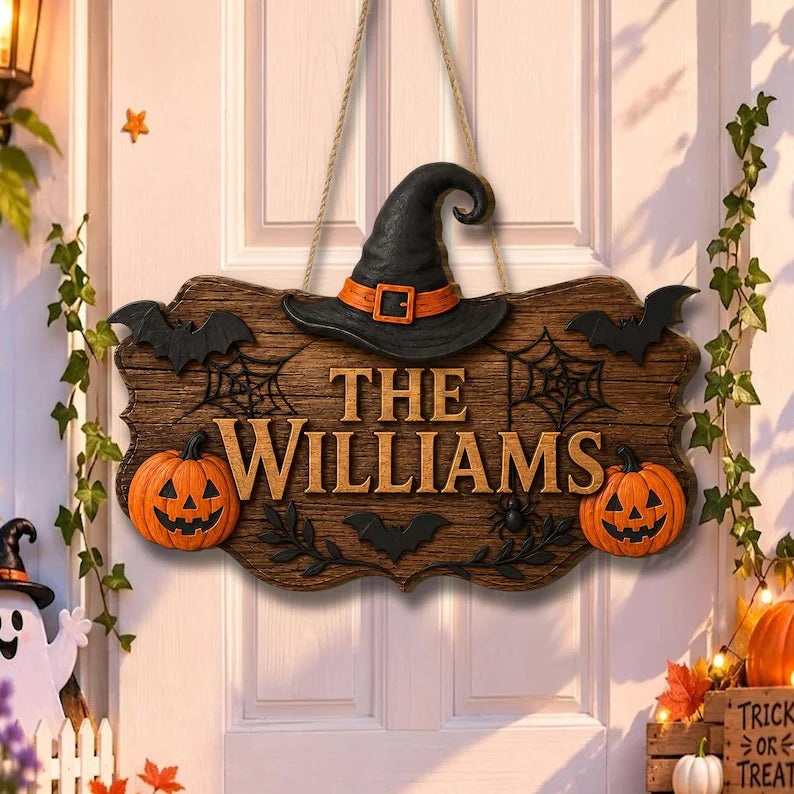Personalized Halloween Door Sign, Custom Family Name Pumpkin Plaque, Haunted House Welcome Sign, Wooden Halloween Door Sign, Halloween Gift. HLWDHPETAL08