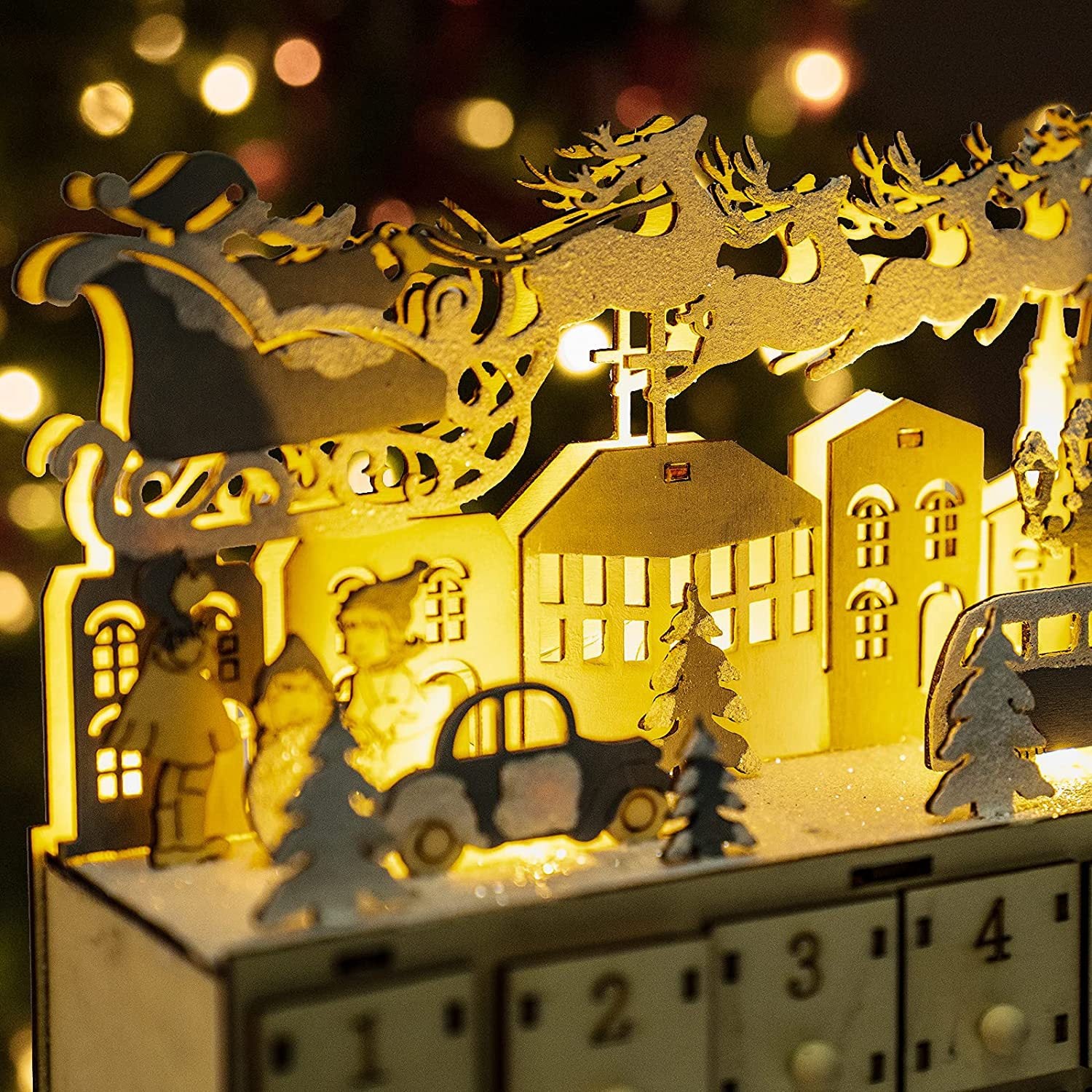 Wooden Christmas Advent Calendar with 24 Drawers, Santa Sleigh Reindeer Village Holiday Countdown Decor – ACPETAL05