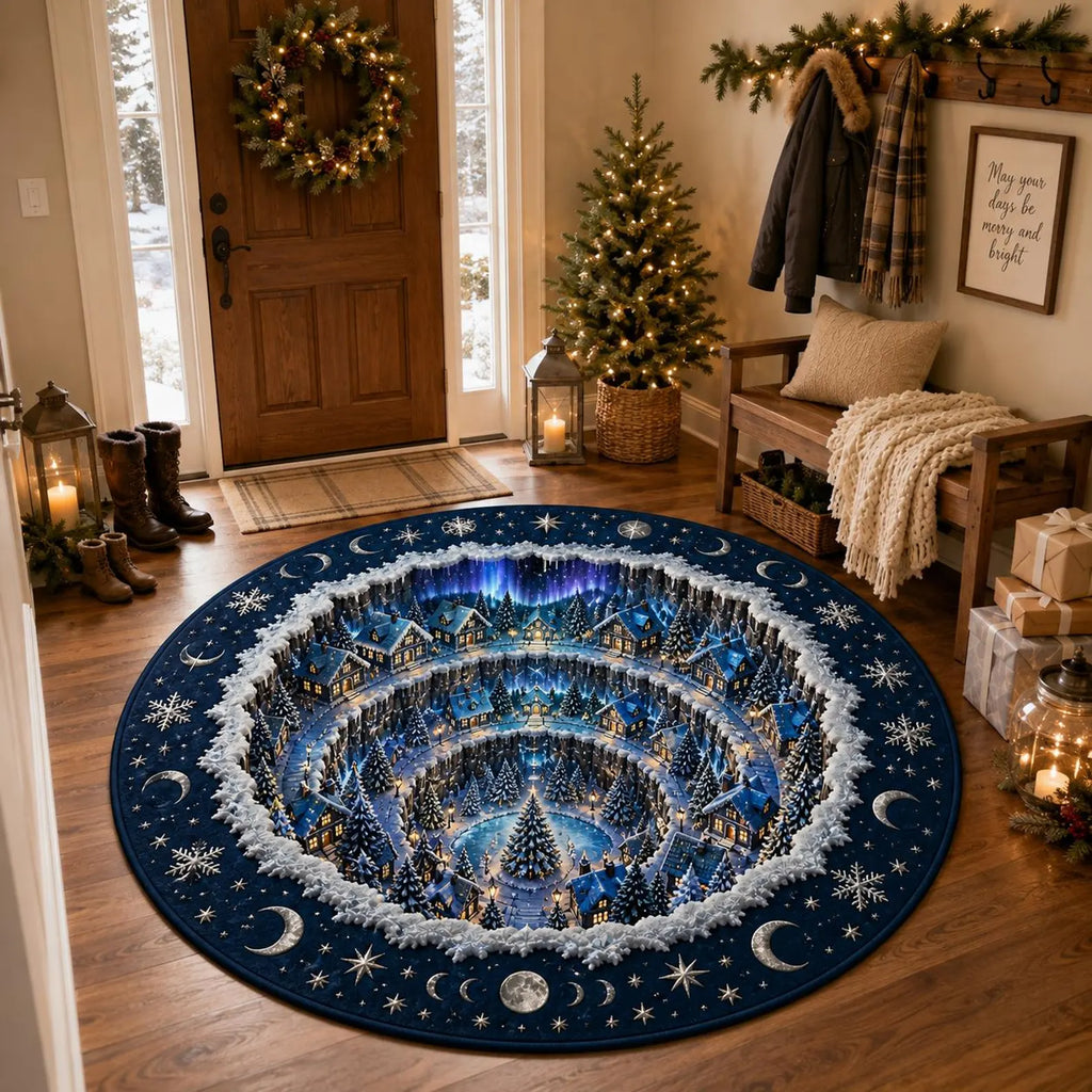 Vintage 3D Optical Illusion Winter Village Quilted Round Rug, Flannel Christmas Floor Carpet. QRPETAL17