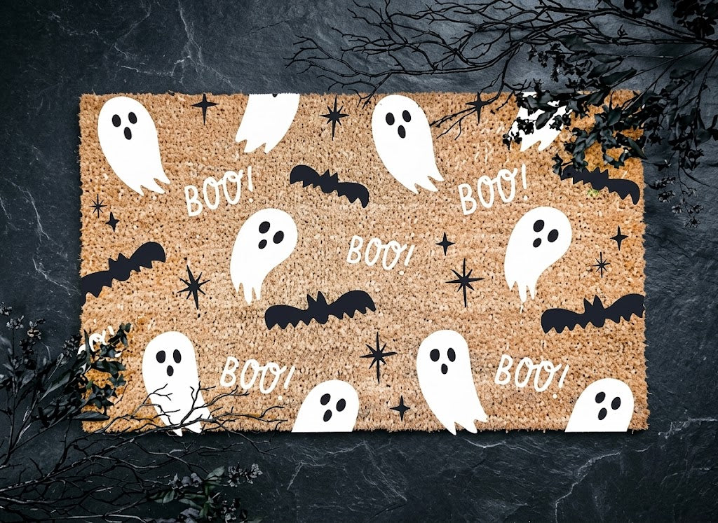Halloween Doormat, Ghost & Bat Pattern, Fall Decor, Welcome Mat, Happy Halloween Fun Decorative Welcome Mat for Spooky Season. DMPETAL22
