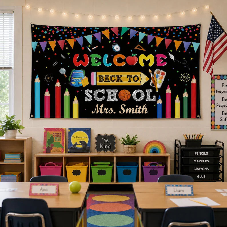 Custom Welcome Back To School Tapestry, Personalized Teacher Name Classroom Banner, Back To School Party Decor, Classroom Backdrop. CBPETAL16