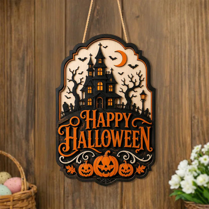 Halloween Door Sign, Haunted House Wood Hanger, Spooky Pumpkin Decor, Happy Halloween Wall Decor. HLWDHPETAL05