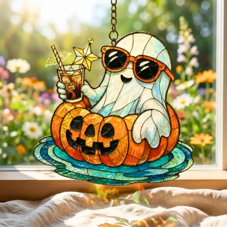 Americano Ghost Acrylic Suncatcher Window Hanging Pumpkin Decor Spooky Fall Ornament SummerWeen Suncatcher, Gift for Halloween Lovers. HSPETAL8