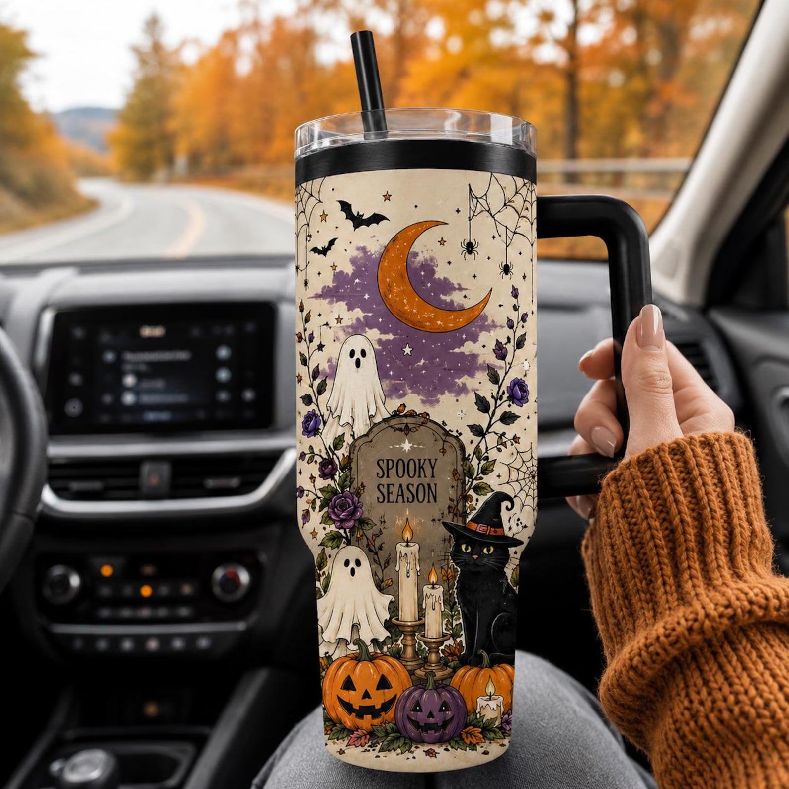 Personalized Halloween Tumbler, Spooky Haunted House Black Cat Travel Cup. Happy Halloween Tis The Season. TBLPETAL19