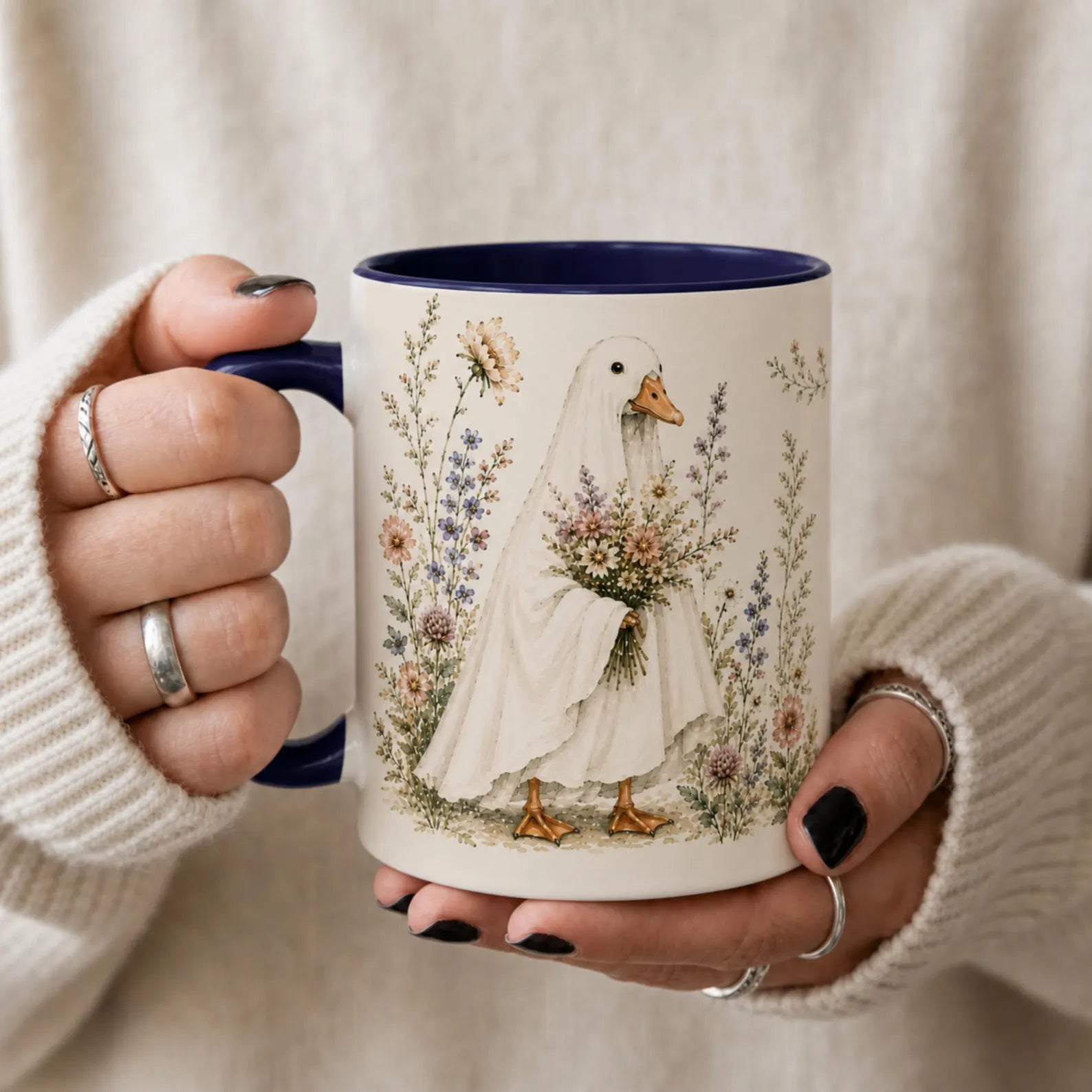 Personalized Ghost Mug, Ghost Wildflowers Mug, Custom Halloween Coffee Mug, Cute Goose Mug, Spooky Season Gift. MPETAL11