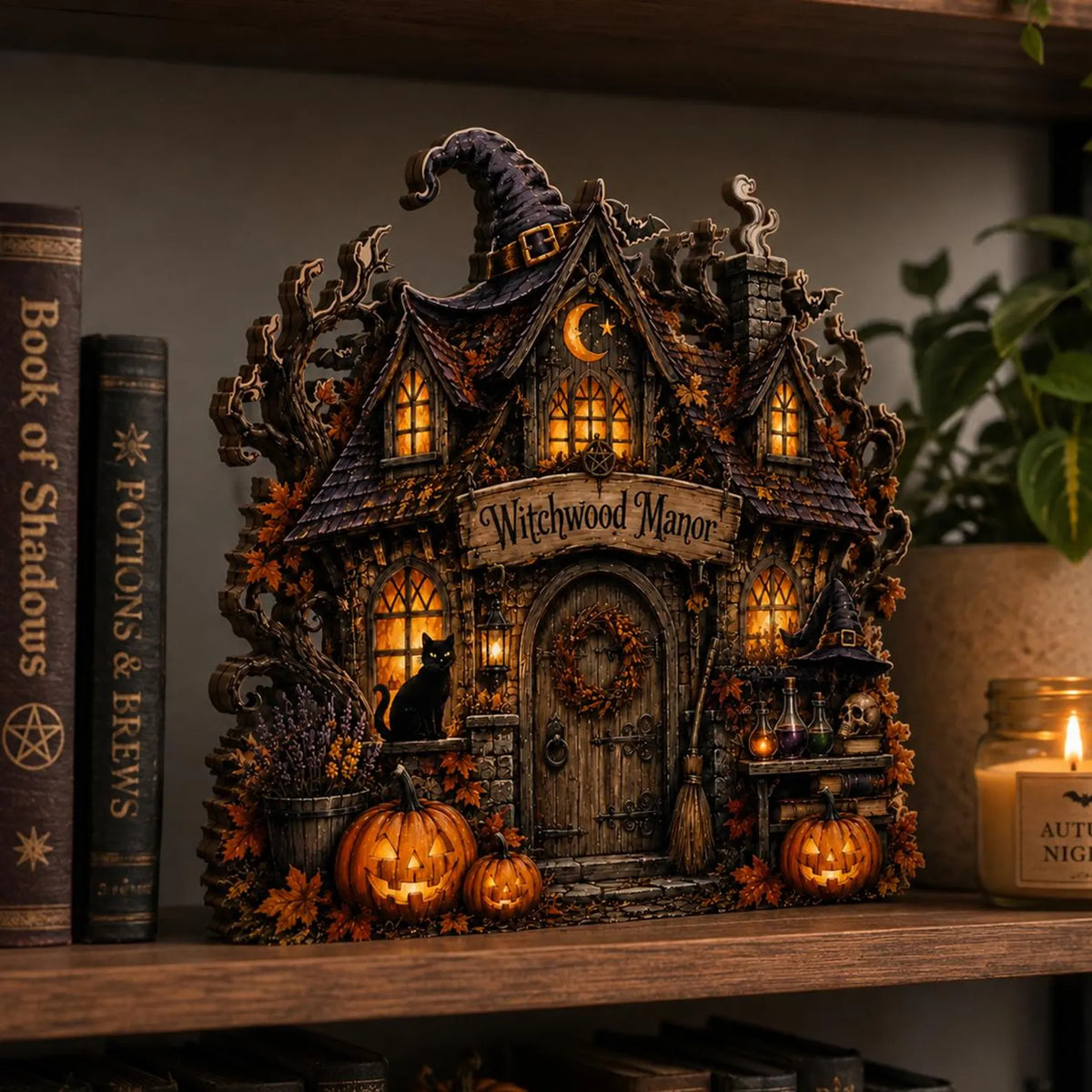 Custom Halloween Witch House Wooden Block, Personalized Pumpkin Cottage Decor, Spooky Autumn Table Sign, Witchy Home Decoration. WBPETAL1