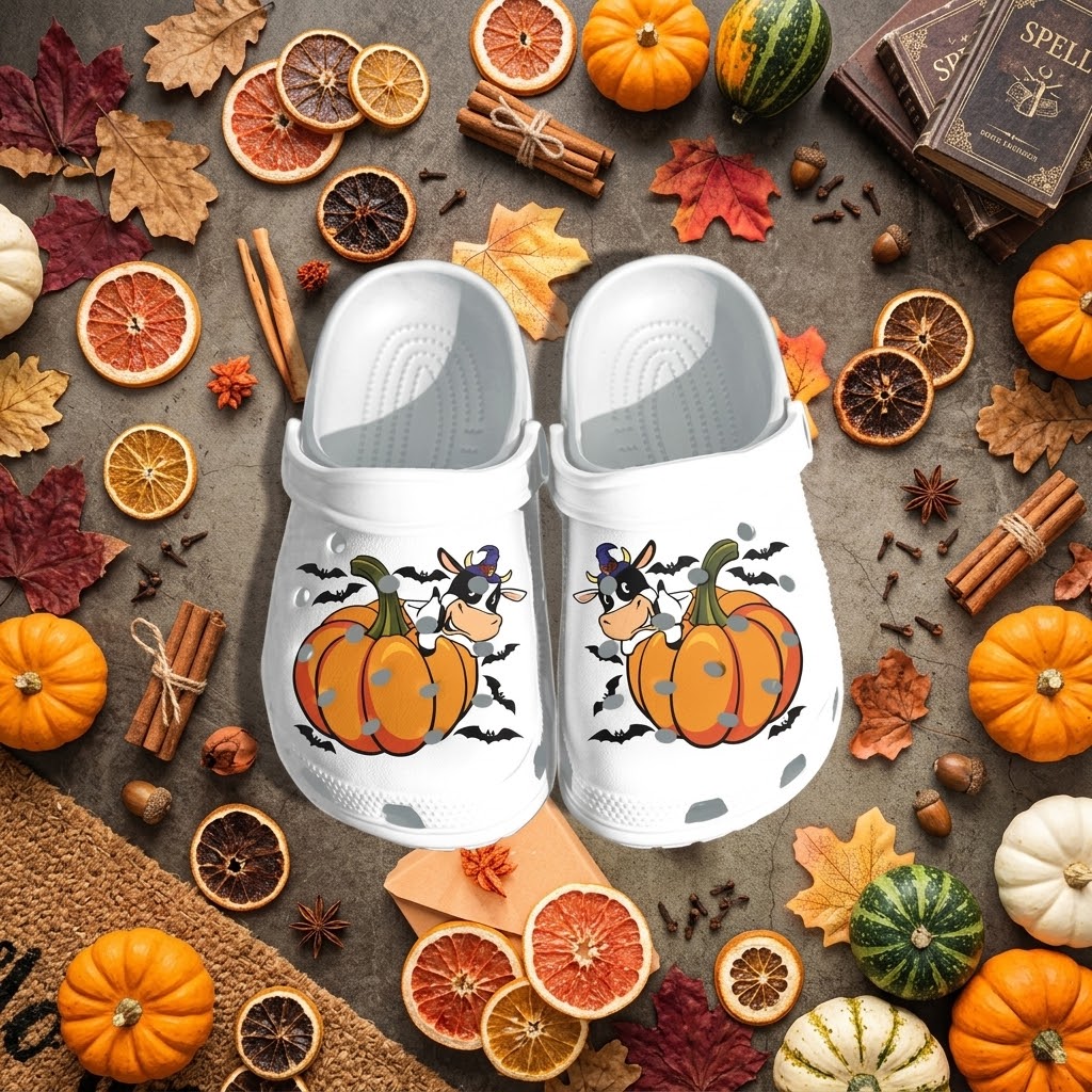 Halloween Cow Pumpkin Clogs – Cute Spooky Fall Slip-On Shoes with Bat & Pumpkin Design for Women, Men, and Kids. CLPETAL11