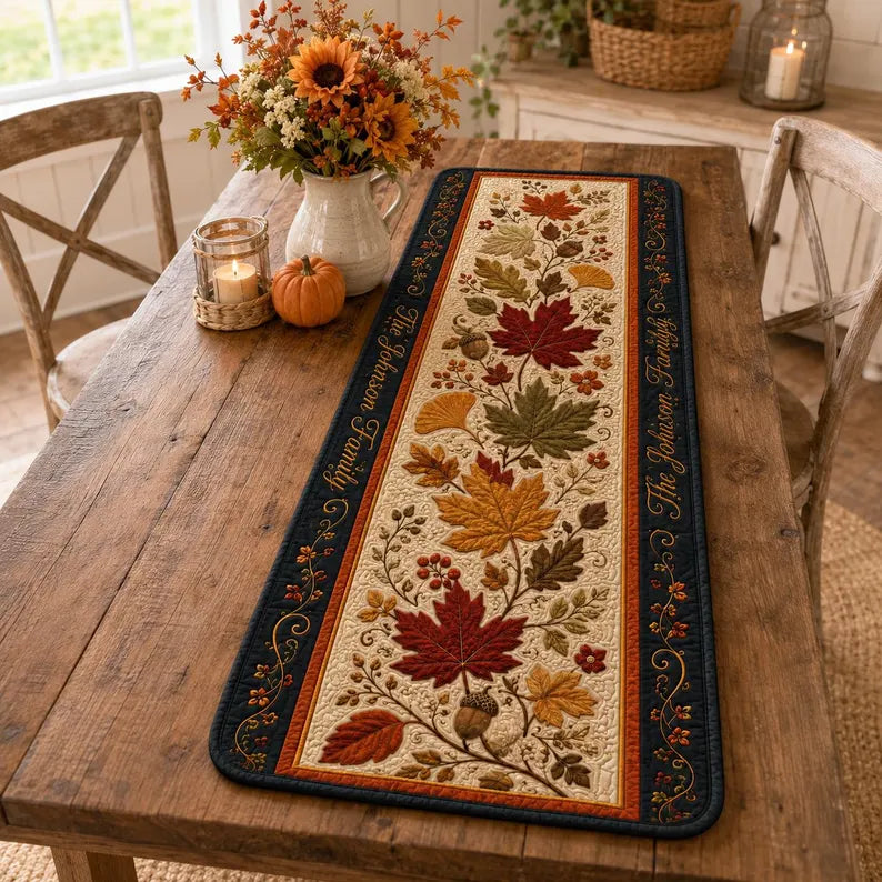 Autumn Leaves Quilted Table Runner, Fall Maple Leaf and Acorn Table Decor, Thanksgiving Dining Room Centerpiece. QTRPETAL8