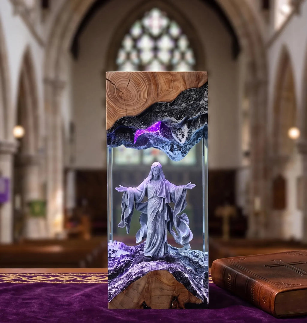 Jesus Christ Lamp in Resin and Wood, Catholic Night Light, Religious Decoration, Christian Baptism Gift, Handmade Spiritual Art. RLPETAL12