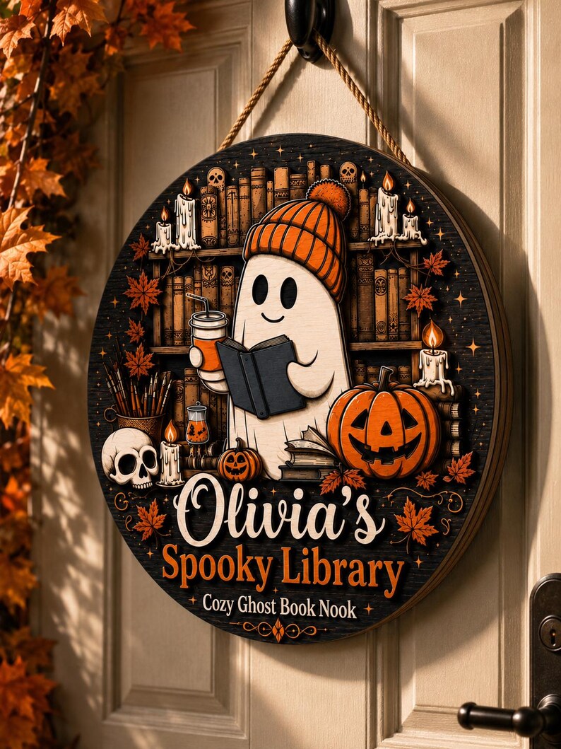 Personalized Spooky Library Wooden Door Sign, Cozy Ghost Book Nook Wall Decor, Custom Name Halloween Book Lover Witchy Home Hanging Sign. HLWDHPETAL09