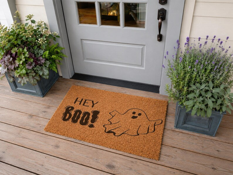 Personalized Halloween Doormat, Custom Pumpkin Face Doormat, Hey Boo Door Mat, Spooky Welcome Mat, Halloween Decor, Custom Name Rug. DMPETAL11