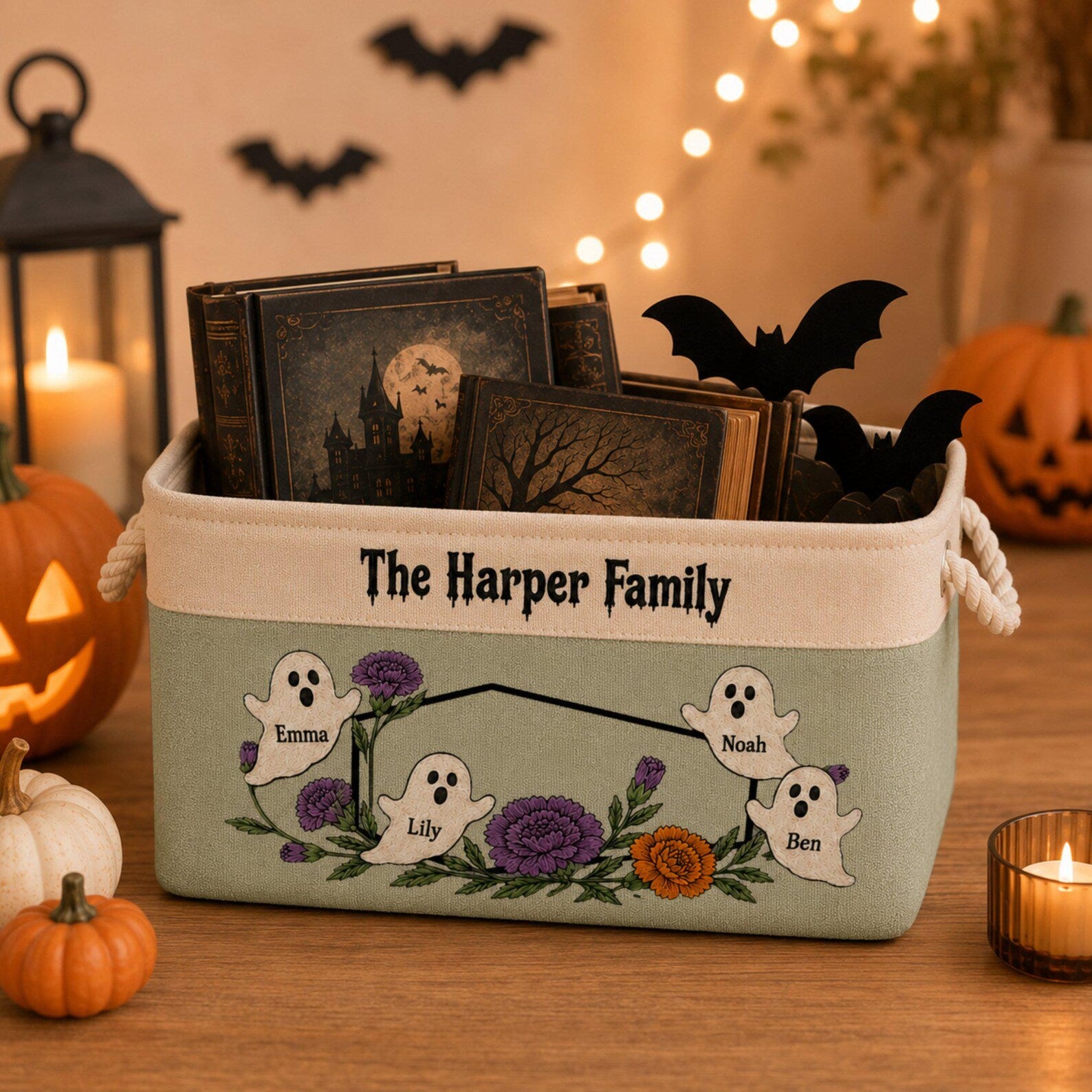 Custom Family Name Halloween Ghost Book Basket, Personalized Gothic Floral Storage Bin, Halloween Book Lover Keepsake, Spooky Home Decor. BBPETAL10