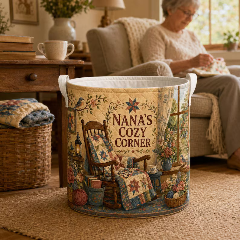 Personalized Nana Quilted Laundry Basket, Custom Cozy Corner Storage Bin, Grandma Reading and Craft Room Gift LBPETAL150