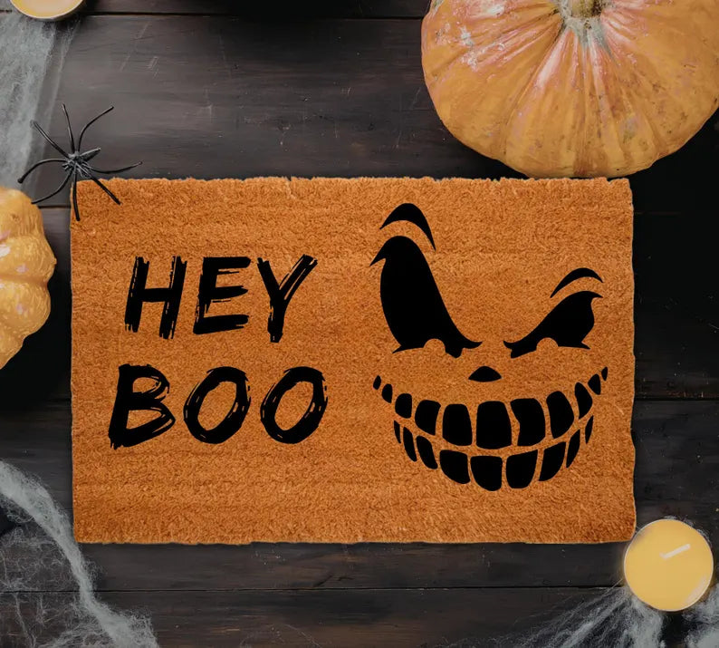 Personalized Halloween Doormat, Custom Pumpkin Face Doormat, Hey Boo Door Mat, Spooky Welcome Mat, Halloween Decor, Custom Name Rug. DMPETAL3