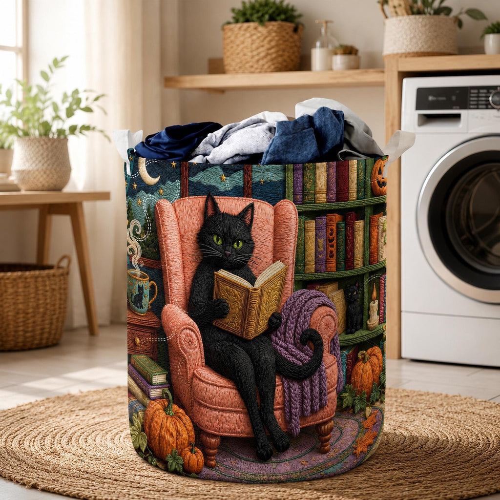 Black Cat Quilted Laundry Basket, Cozy Halloween Library Hamper, Cat Lover Laundry Bin, Whimsical Pet Fabric Storage Basket. HLWLBPETAL3