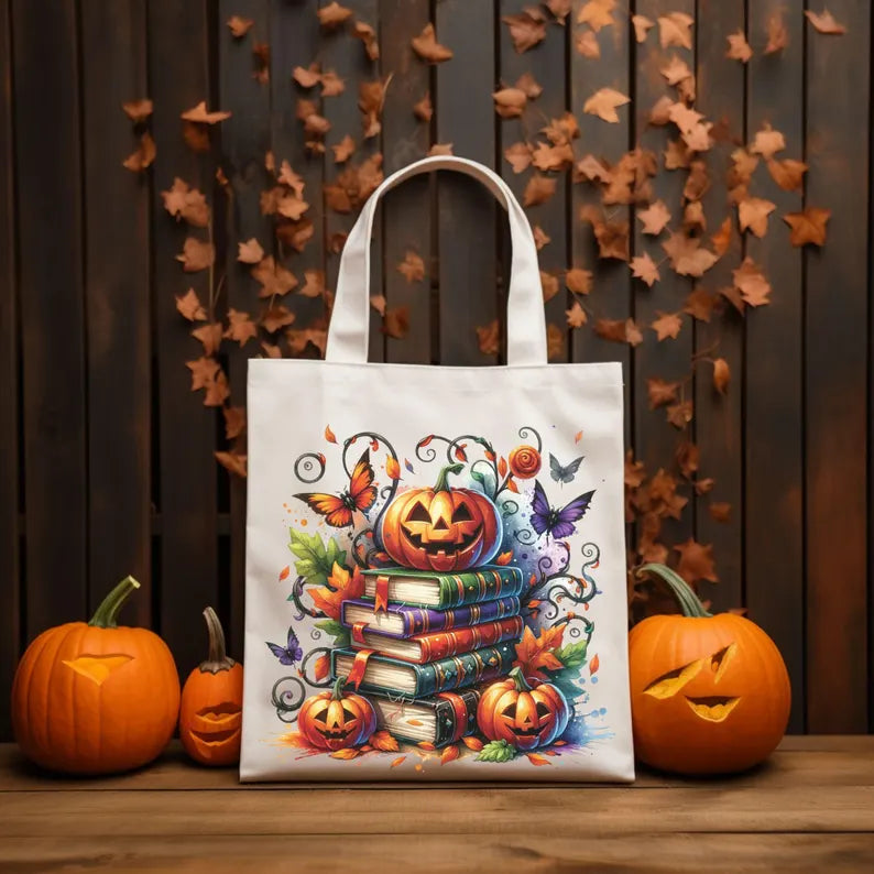 Halloween Book Lover Tote Bag, Spooky Pumpkin Books Canvas Tote, Fall Reading Bag, Bookish Gift, Autumn Aesthetic Library Tote. HLWTBPETAL9
