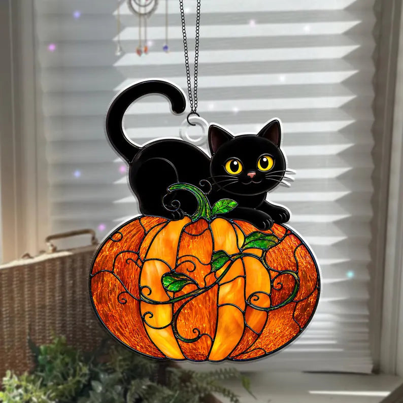 Cat And Pumpkin Acrylic Suncatcher Ornament, Halloween Suncatcher Window Hanging, Halloween Decor, Black Cat Lover Gift, Cute Halloween Gift. HSPETAL6