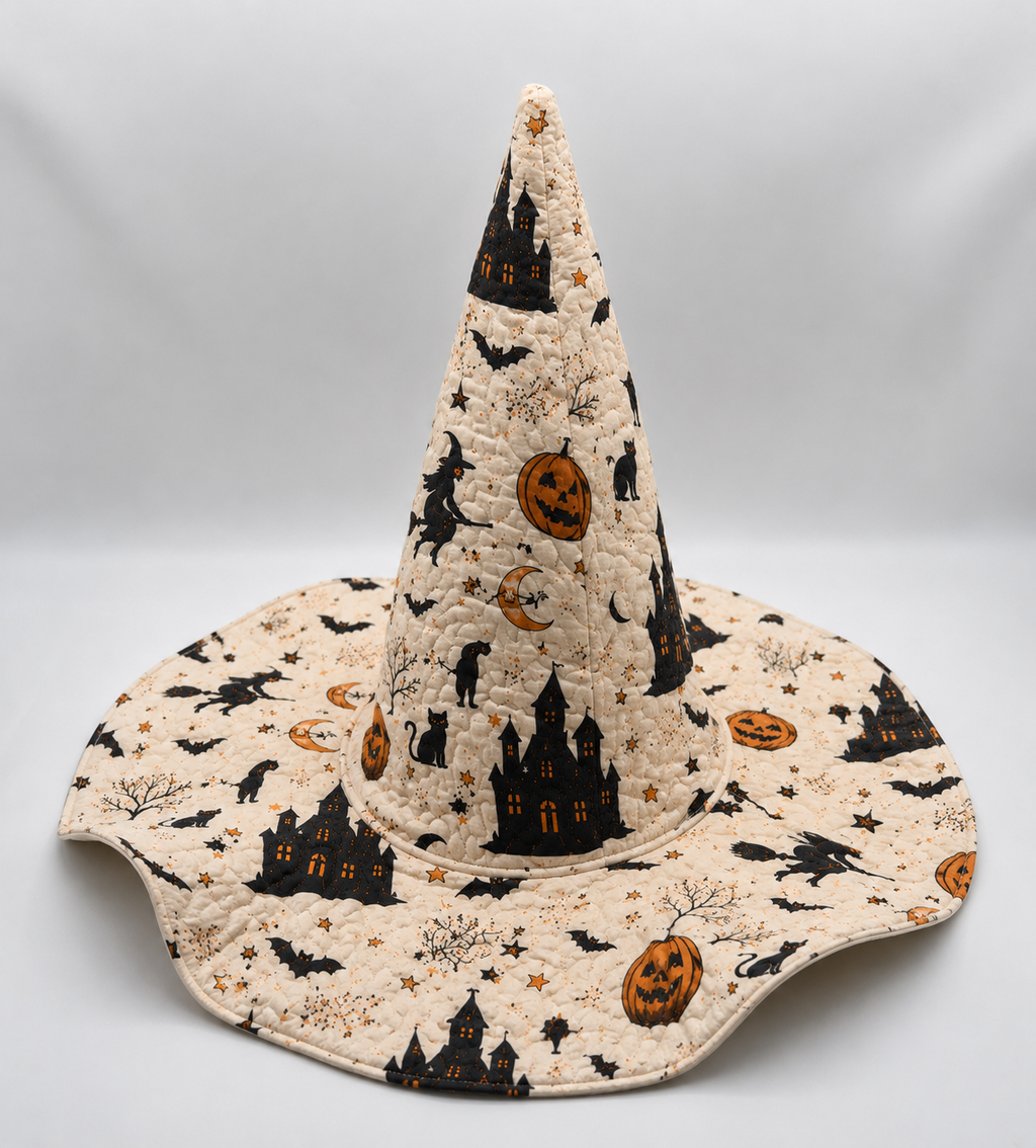 Halloween Quilted Witch Hat for Women – Soft Padded Witch Costume Hat with Pumpkin, Bat & Haunted House Print. QWHPETAL1