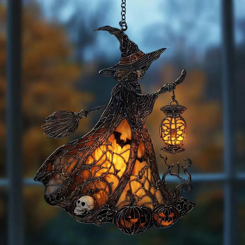 Witch Lantern Acrylic Suncatcher for Halloween Decoration | Spooky Witch Suncatcher Ornament | Gothic Witch Window Ornament, Fall Home Decor. HSPETAL4