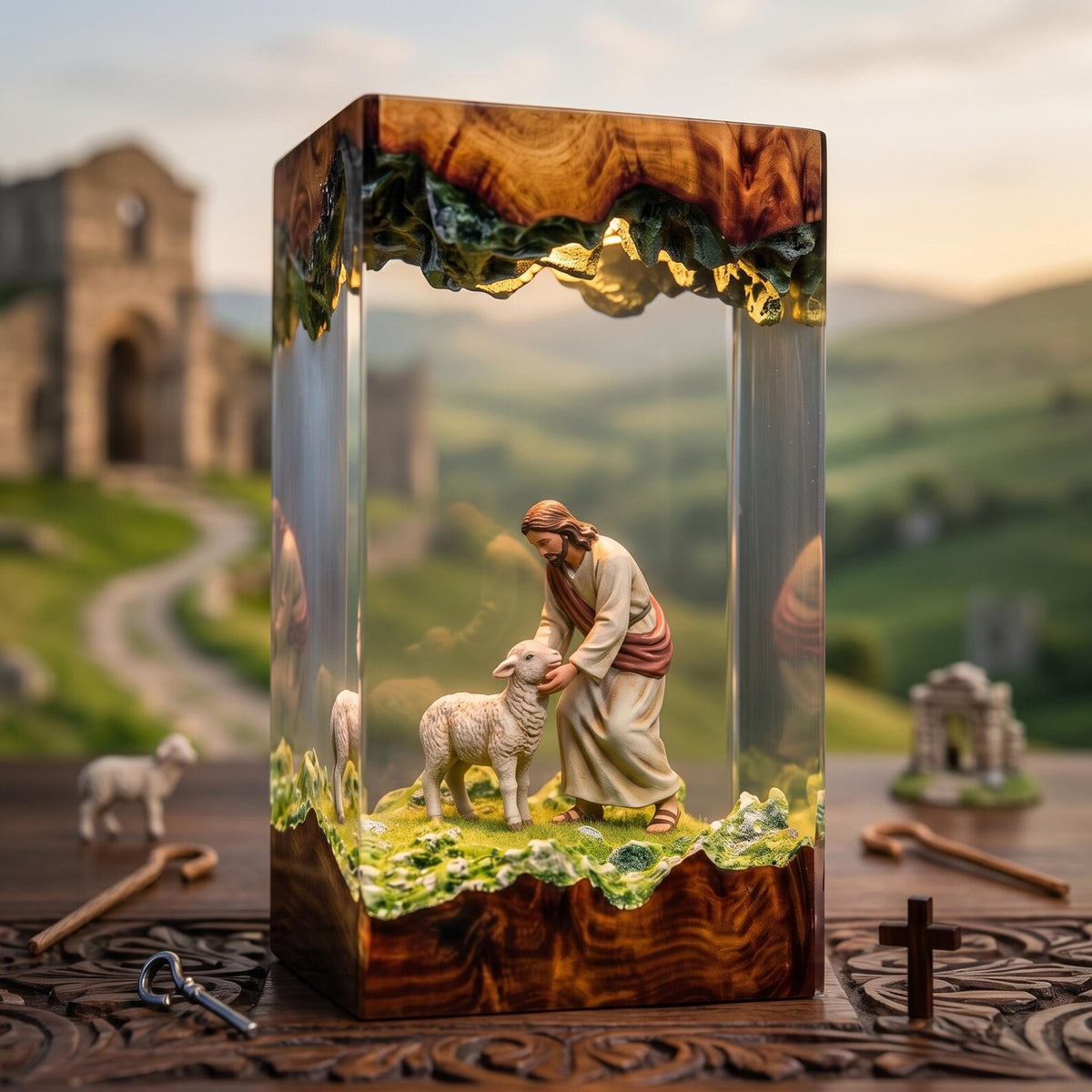 Jesus and Lamb Resin Lamp, Christian Night Light, Faith Religious Decor, Biblical Shepherd Scene, Christmas Gift, Christian Home Decoration. RLPETAL18